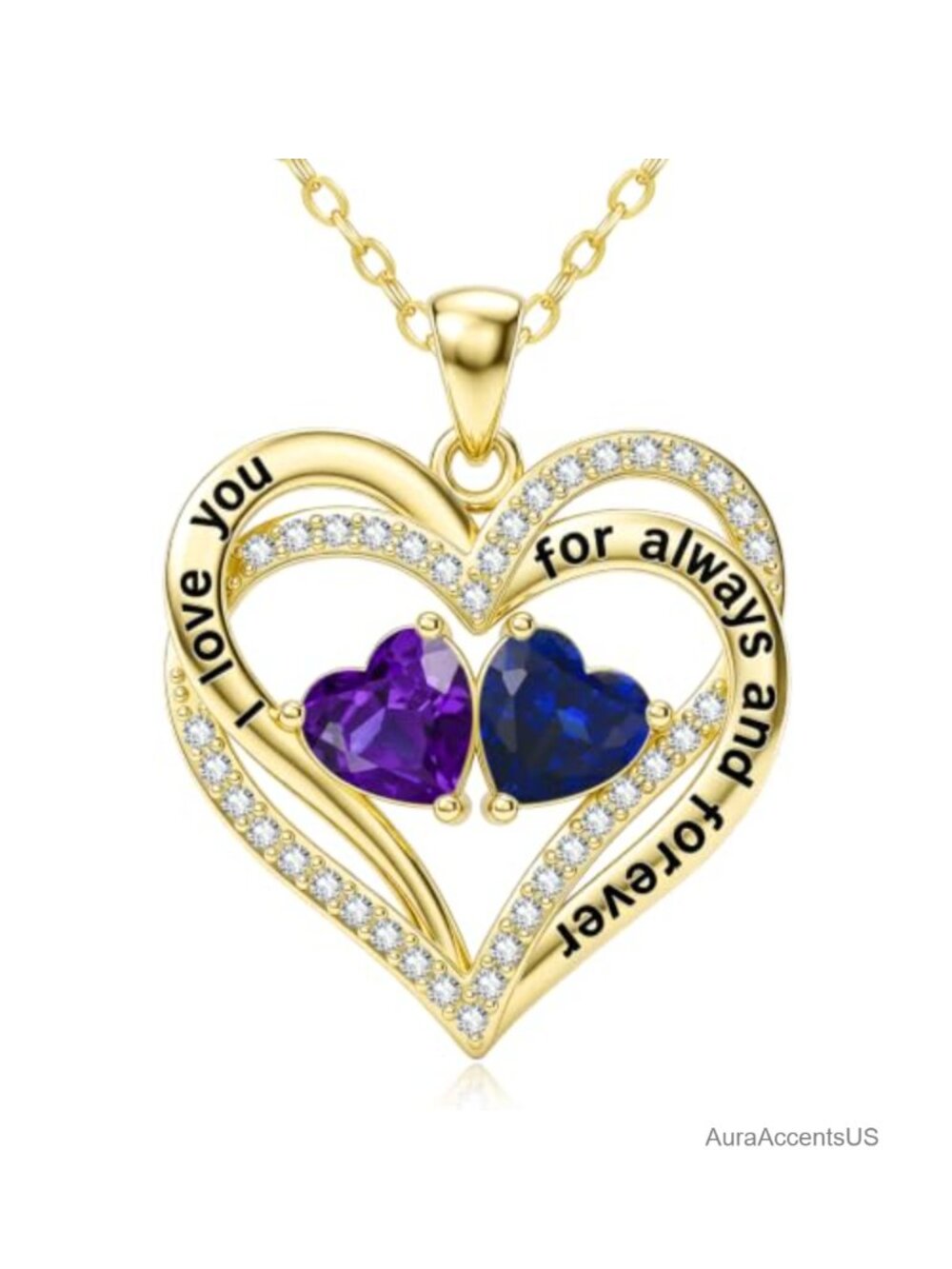 14K Gold Double Heart Birthstone Pendant Necklace Adjustable Chain